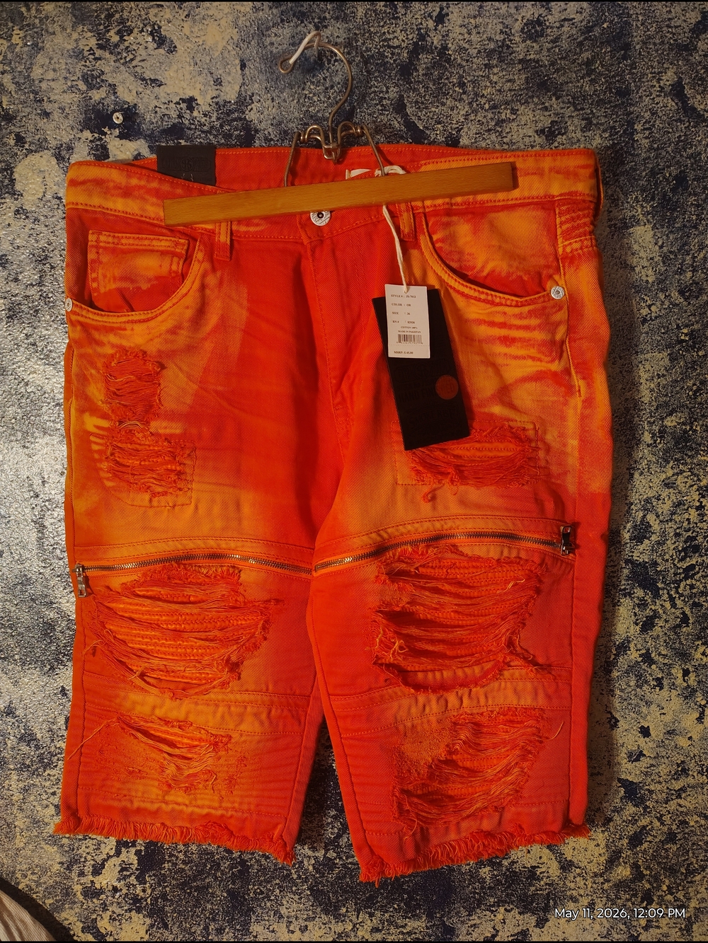 NEW SMOKE RISE Men's Distressed Orange Denim Shorts SZ 36